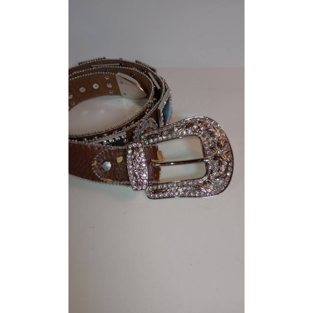 WB Atlas Brown Leather Blue Crystal Jeweled Western Belt Silver Buckle XL 48 - Picture 3 of 16